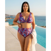 Büyük Beden Üçgen Sabit Pedli Desenli Toparlayıcı Yüksek Bel Kadın Bikini Takım Saks Büyük Beden Üçgen Sabit Pedli Desenli Toparlayıcı Yüksek Bel Kadın Bikini Takım Saks