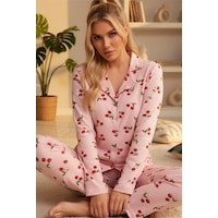 Siyah İnci Yumuşak Tuşe Kışlık Fitilli Düğmeli Pamuklu Örme Pijama Takım 7980 Somon Kiraz