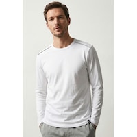 Elemge %100 Pamuk Süprem Uzun Kollu Pijama Üstü Erkek T-shirt Compact Penye Rahat Kalıp Tok Kumaş Beyaz