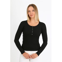 Hdm Kadın Siyah Uzun Kollu Fitilli Patlı Çıtçıtlı Basic Örme Bluz - H6172 Hdm Kadın Siyah Uzun Kollu Fitilli Patlı Çıtçıtlı Basic Örme Bluz - H6172