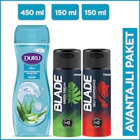 Blade Green Dream + Self Confidince Erkek Sprey Deodorant 2 x 150 ML + Duru Moods Deniz Mineralleri Duş Jeli 450 ML Blade Green Dream + Self Confidince Erkek Sprey Deodorant 2 x 150 ML + Duru Moods Deniz Mineralleri Duş Jeli 450 ML