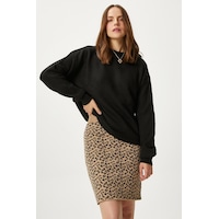 Ritnice Kadın Safari Leopar Triko Etek Kahverengi - Krem Ritnice Kadın Safari Leopar Triko Etek Kahverengi - Krem