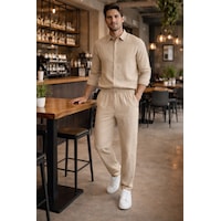 Erkek Oversize Keten Takım Salaş Kesim Gömlek Pantolon Yazlık Kombin Bej Erkek Oversize Keten Takım Salaş Kesim Gömlek Pantolon Yazlık Kombin Bej