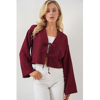 Bigdart Önü Bağlamalı Keten Kimono 960 - Bordo Bigdart Önü Bağlamalı Keten Kimono 960 - Bordo