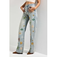 it's basic Kadın Kot Rengi 4s6-65 Straight Fit Elastan Kumaş Özel Desen Nakışlı Tasarım Denim Jean Mavi