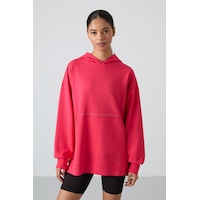 Tommy Life Viva Kırmızı Balon Kol Yazı Nakışlı Kadın Oversize Tunik Sweatshirt - 97163 Kırmızı
