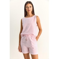 Shade Kadın %100 Pamuk Kalın Askılı Bluz Beli Lastikli Cep Dataylı Şort Çizgili Alt-üst Takım 60282046 - Beyaz-pembe Çok Renkli
