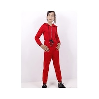 Toontoy Kids Toontoy Kız Çocuk Beli Bağçıklı Kapşonlu Tulum Kırmızı