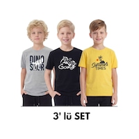 Fyk Kids 3'lü Yuvarlak Yakalı Baskı Detaylı Basic 3 Parça Erkek Çocuk Tişört Gri - Sarı Fyk Kids 3'lü Yuvarlak Yakalı Baskı Detaylı Basic 3 Parça Erkek Çocuk Tişört Gri - Sarı