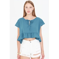 Armonika Kadın Petrol Yarasa Kol Yakası Bağlamalı Eteği Fırfırlı Oversize Crop Bluz Arm-24y001088 Armonika Kadın Petrol Yarasa Kol Yakası Bağlamalı Eteği Fırfırlı Oversize Crop Bluz Arm-24y001088