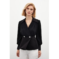 Sateen Gömlek Yakalı Bluz - Siyah Sateen Gömlek Yakalı Bluz - Siyah