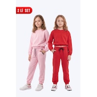 Panios Kids 2'li Yuvarlak Yakalı Beli Lastikli Crop Kesim 4 Parça Kız Çocuk Alt Üst Eşofman Takımı Pembe-kırmızı Panios Kids 2'li Yuvarlak Yakalı Beli Lastikli Crop Kesim 4 Parça Kız Çocuk Alt Üst Eşofman Takımı Pembe-kırmızı