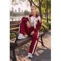 Kadın Bordo Bej W6-35 Crop Sweatshirt Eşofman Pantolon 2'li Tasarım Takım Kadın Bordo Bej W6-35 Crop Sweatshirt Eşofman Pantolon 2'li Tasarım Takım