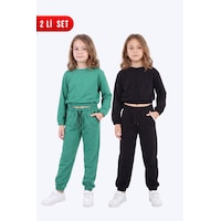 Panios Kids 2'li Yuvarlak Yakalı Beli Lastikli Crop Kesim 4 Parça Kız Çocuk Alt Üst Eşofman Takımı Yeşil-siyah Panios Kids 2'li Yuvarlak Yakalı Beli Lastikli Crop Kesim 4 Parça Kız Çocuk Alt Üst Eşofman Takımı Yeşil-siyah