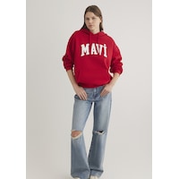 Mavi - Mavi Logo Baskılı Kapüşonlu Kadın Sweatshirt 1600361-86417 Kırmızı