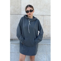 Kadın Antrasit Uzun Kol, Yakası Bağcıklı, Kapüşonlu, Kanguru Cep, Salaş, Uzun Tunik Sweatshirt Kadın Antrasit Uzun Kol, Yakası Bağcıklı, Kapüşonlu, Kanguru Cep, Salaş, Uzun Tunik Sweatshirt