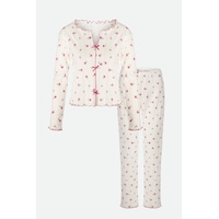 Kadın Pamuklu Çıtır Çiçek Desenli Baby Overloklu Fiyonk Detaylı Uzun Kollu Pijama Takımı Desenli Kadın Pamuklu Çıtır Çiçek Desenli Baby Overloklu Fiyonk Detaylı Uzun Kollu Pijama Takımı Desenli