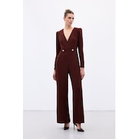 Sateen Kruvaze Süs Taşlı Krep Tulum - Bordo-136568 Bordo Sateen Kruvaze Süs Taşlı Krep Tulum - Bordo-136568 Bordo