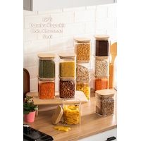 Porsima 5-4 Bambu Vakumlu Kapaklı Kare Borsilikat Cam 12li Kavanoz Seti Saklama Kabı 750ml 7,5x15cm Porsima 5-4 Bambu Vakumlu Kapaklı Kare Borsilikat Cam 12li Kavanoz Seti Saklama Kabı 750ml 7,5x15cm