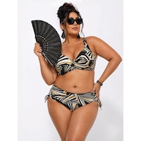 Büyük Beden Balenli Geometrik Desenli Kaplı Ayarlanabilir Askılı Toparlayıcı Kadın Bikini Takım Büyük Beden Balenli Geometrik Desenli Kaplı Ayarlanabilir Askılı Toparlayıcı Kadın Bikini Takım