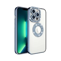 Apple Uyumlu iPhone 13 Pro Kılıf Kamera Korumalı Taş Süslemeli Arkası Şeffaf Redclick Asya Kapak - Mavi