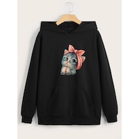 Fyk Kids Kapüşonlu Kedi Baskılı Sweatshirt Siyah