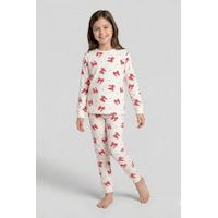 Ekru Renk Kırmızı Fiyonk Baskılı Kız Çocuk Pijama Takımı Ekru Ekru Renk Kırmızı Fiyonk Baskılı Kız Çocuk Pijama Takımı Ekru