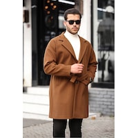 Mero Life Erkek Taba Kemerli Oversize Rahat Kesim Kaşe Kaban Taba