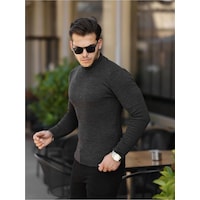 Füme Erkek Slim Fit Yarım Balıkçı Fitilli Triko Kazak-trz19158r02s Füme