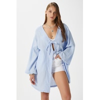 Ritnice Kadın Sandra %100 Pamuk Müslin Bağcıklı Mavi Kimono Ritnice Kadın Sandra %100 Pamuk Müslin Bağcıklı Mavi Kimono