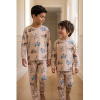 Zuzunga Sevimli Animal Aslan-zebra-fil Desenli Erkek Pijama Takımı Bej Zuzunga Sevimli Animal Aslan-zebra-fil Desenli Erkek Pijama Takımı Bej