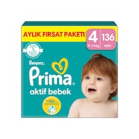 Prima Aktif Bebek 4 Beden Maxi Bebek Bezi Aylık Fırsat Paketi 136 Adet Prima Aktif Bebek 4 Beden Maxi Bebek Bezi Aylık Fırsat Paketi 136 Adet