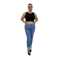 Büyük Beden Denim Yüksek Bel Toparlayıcı Paça Taş Detaylı Bol Paça Kadın Pantolon Mavi Büyük Beden Denim Yüksek Bel Toparlayıcı Paça Taş Detaylı Bol Paça Kadın Pantolon Mavi