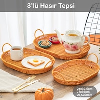 Porsima 708-a Oval 3'lü Hasır Tepsi Dekoratif Servis Sunum Tepsi Porsima 708-a Oval 3'lü Hasır Tepsi Dekoratif Servis Sunum Tepsi