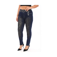 Büyük Beden Ekstra Battal Fit Leopar Baskı Toparlayıcı Kadın Pantolon Mavi Büyük Beden Ekstra Battal Fit Leopar Baskı Toparlayıcı Kadın Pantolon Mavi