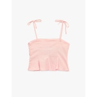 Koton Slim Fit Hafif Peplum Kesim Pileli İp Askılı Crop Keten Bluz Pembe Koton Slim Fit Hafif Peplum Kesim Pileli İp Askılı Crop Keten Bluz Pembe