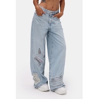 it's basic Kadın Ice 12s6-3 Süper Baggy Özel Nakışlı Tasarım Denim Jean Buz Mavi