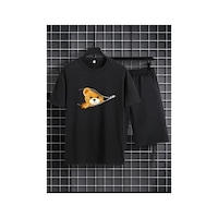 Medinenur Fermuar Ayıcık Desen Baskılı T-shirt Short Bol Paça Rahat Kalıp Siyah Alt Siyah Üst Short Takım Siyah Medinenur Fermuar Ayıcık Desen Baskılı T-shirt Short Bol Paça Rahat Kalıp Siyah Alt Siyah Üst Short Takım Siyah