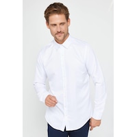 Tudors Slim Fit Uzun Kollu Kolay Ütü Teri Emen Nefes Alan Doku Kravatlık Dört Mevsim Erkek Gömlek-24607 Beyaz