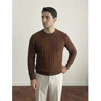 Erkek Kahverengi Bisiklet Yaka Slim Fit Saç Örgülü Triko Kazak Kahverengi Erkek Kahverengi Bisiklet Yaka Slim Fit Saç Örgülü Triko Kazak Kahverengi