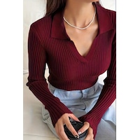 Kadın Fitilli Polo Yaka Triko Kazak Bordo Kadın Fitilli Polo Yaka Triko Kazak Bordo