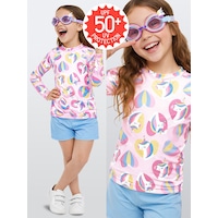 Uv Korumalı Kız Çocuk Mayo T-shirt Uvp+50 Faktör Koruma Uzun Kollu Unicorn Pembe