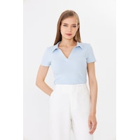 Hdm Kadın Mavi Polo Yaka Fitilli Günlük Bluz - H6038 Hdm Kadın Mavi Polo Yaka Fitilli Günlük Bluz - H6038