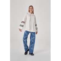 Mizalle Kolları Baskılı Ekru Sweatshirt Ekru Mizalle Kolları Baskılı Ekru Sweatshirt Ekru
