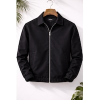 Mero Life Erkek Basic Old Money Fermuarlı Oversize Mevsimlik Polo Yaka Gabardin Kumaş Siyah Ceket