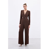 Sateen Kruvaze Süs Taşlı Krep Tulum - Kahve-136567 Kahve Sateen Kruvaze Süs Taşlı Krep Tulum - Kahve-136567 Kahve