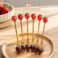 Porsima 1761 Paslanmaz Çelik Çilek Tasarımlı 6lı Gold Renk Meyve Çatalı Seti 16,5cm