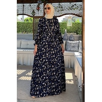Rabia Şamlı Bihter Mavi Yapraklı Elbise Normal Rabia Şamlı Bihter Mavi Yapraklı Elbise Normal