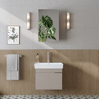 Likya Lavabolu Banyo Dolabı Takımı, Mdflam Tek Kapaklı Lavabolu 59 Cm Banyo Alt Dolabı + Üst Dolabı Kumtaşı