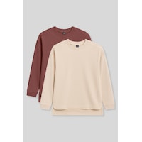 Tommylıfe Rahat Form O Yaka 2li Paket Bej-kahverengi Kadın Tunik Sweatshirt - 97305 Bej - Kahverengi